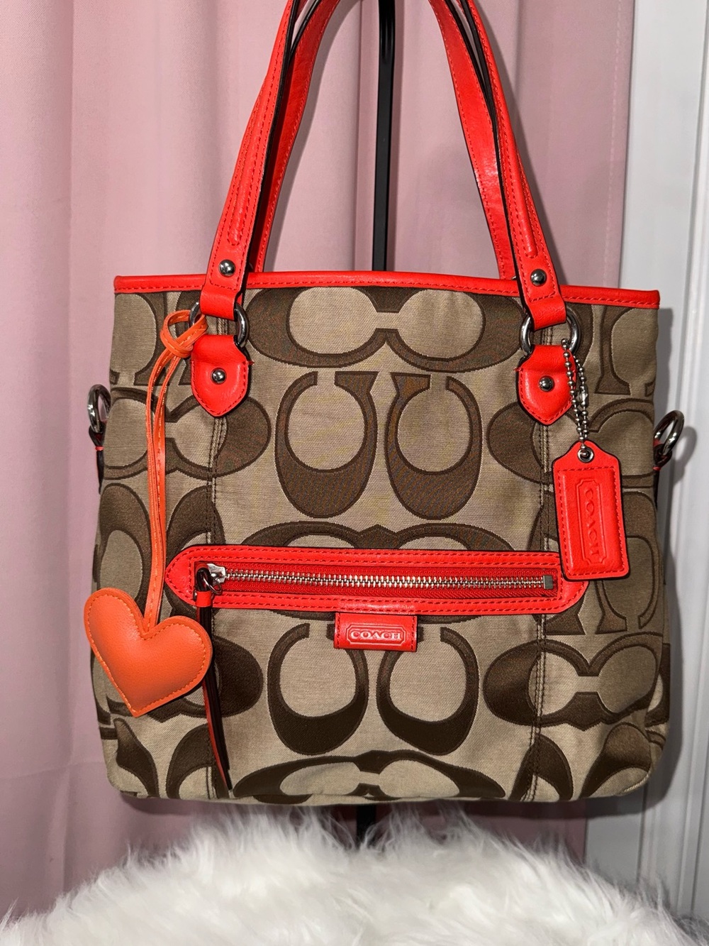 Coach Brown Signature Canvas Tote with Orange Trim and Heart Charm